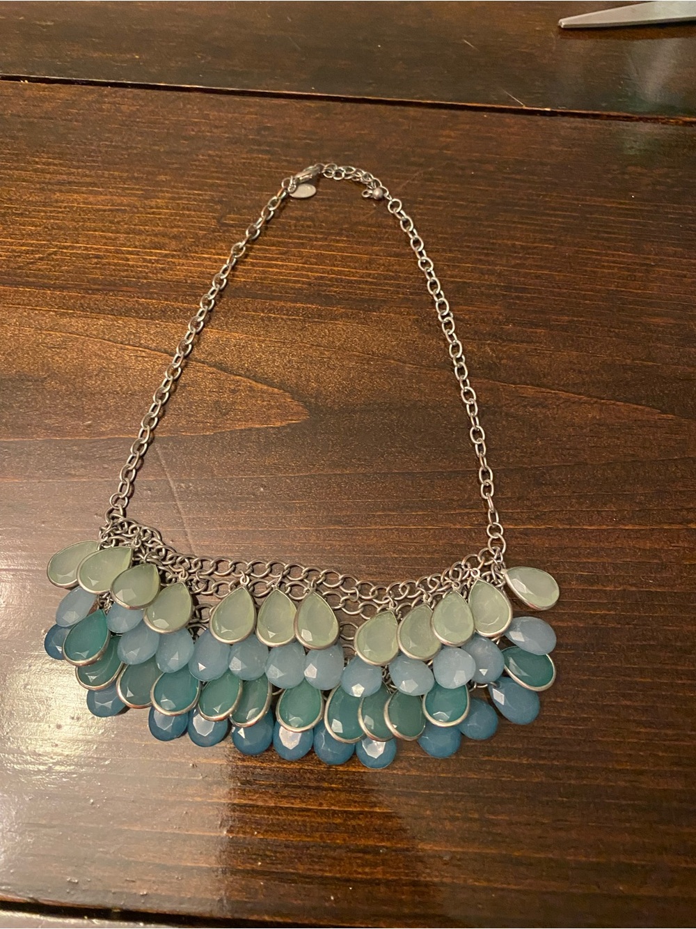 Charming Charlie Shades Of Blue Teal Faceted & Cabochon Cluster Bib Necklace
